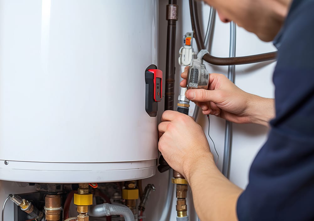 Technician repairing pipes connected to a water heater in Banning